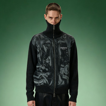 Custom Graphic Jacquard Full Zip Sweater | Streetwear Cardigan Sweater | Turtleneck Wool Men's Knit Jacket