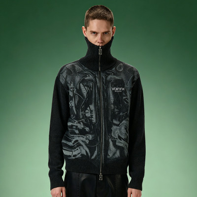 Custom Graphic Jacquard Full Zip Sweater | Streetwear Cardigan Sweater | Turtleneck Wool Men's Knit Jacket