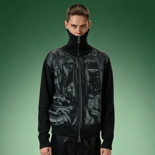 Custom Graphic Jacquard Full Zip Sweater | Streetwear Cardigan Sweater | Turtleneck Wool Men's Knit Jacket