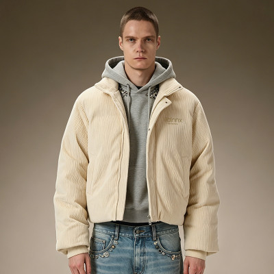 Custom Corduroy Channel Quilt Padded Jacket | Cropped Zip Up Stand Collar Coat | Zip Up Bomber Jacket