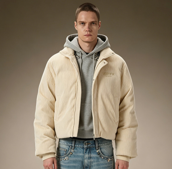 Custom Corduroy Channel Quilt Padded Jacket | Cropped Zip Up Stand Collar Coat | Zip Up Bomber Jacket