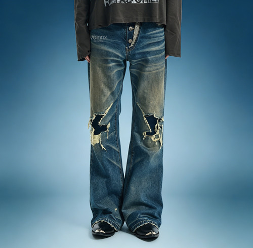 OEM Custom Y2K Streetwear Jeans | Vintage Washed Denim Pants | Wide Flare Distressed Jeans