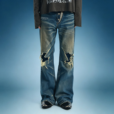 OEM Custom Y2K Streetwear Jeans | Vintage Washed Denim Pants | Wide Flare Distressed Jeans