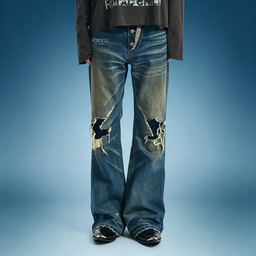 OEM Custom Y2K Streetwear Jeans | Vintage Washed Denim Pants | Wide Flare Distressed Jeans