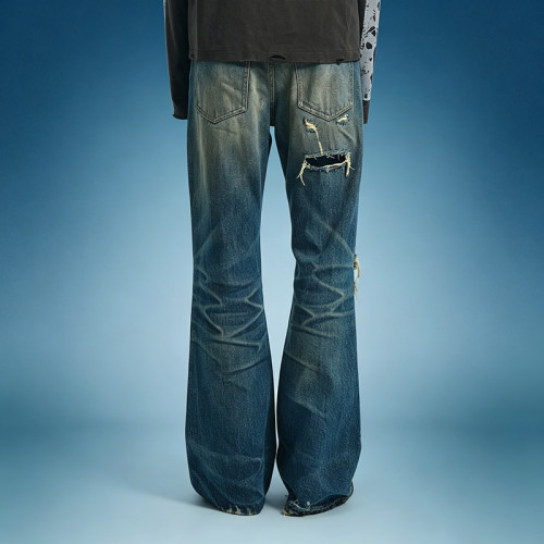 OEM Custom Y2K Streetwear Jeans | Vintage Washed Denim Pants | Wide Flare Distressed Jeans