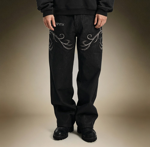 Custom Streetwear Washed Jeans | Straight Leg Denim Pants | Rhinestone Embroidery Jeans