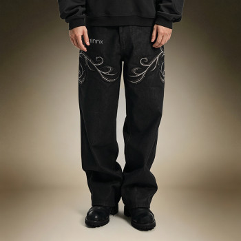 Custom Streetwear Washed Jeans | Straight Leg Denim Pants | Rhinestone Embroidery Jeans
