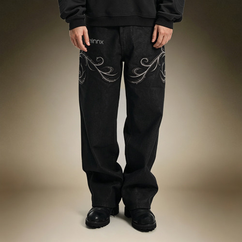 Custom Streetwear Washed Jeans | Straight Leg Denim Pants | Rhinestone Embroidery Jeans