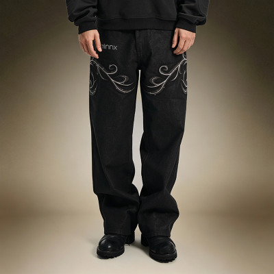 Custom Streetwear Washed Jeans | Straight Leg Denim Pants | Rhinestone Embroidery Jeans