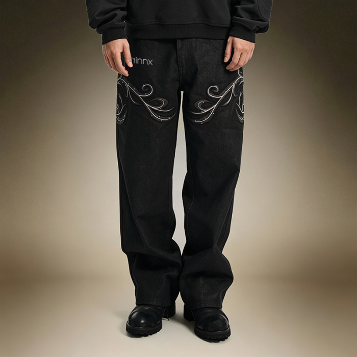 Custom Streetwear Washed Jeans | Straight Leg Denim Pants | Rhinestone Embroidery Jeans