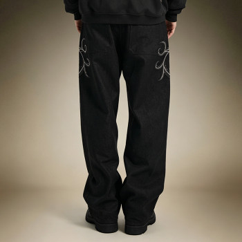 Custom Streetwear Washed Jeans | Straight Leg Denim Pants | Rhinestone Embroidery Jeans