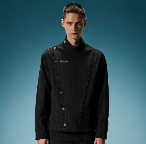 Custom Mandarin Collar Jacket | Asymmetric Diagonal Metal Button Jacket | Stand Collar Jacket