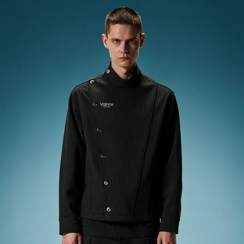 Custom Mandarin Collar Jacket | Asymmetric Diagonal Metal Button Jacket | Stand Collar Jacket
