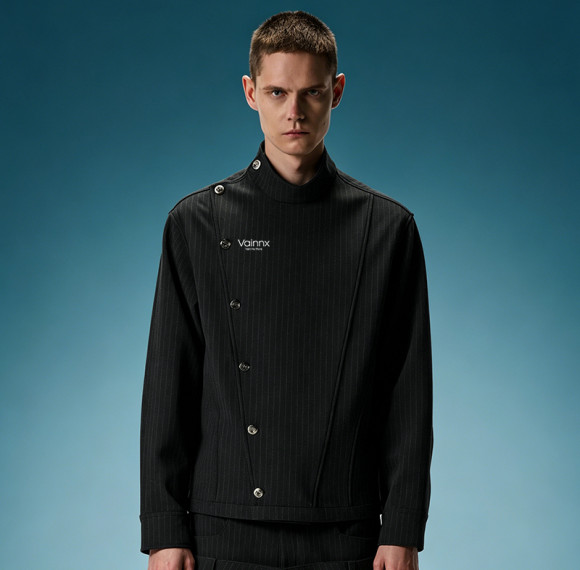 Custom Mandarin Collar Jacket | Asymmetric Diagonal Metal Button Jacket | Stand Collar Jacket