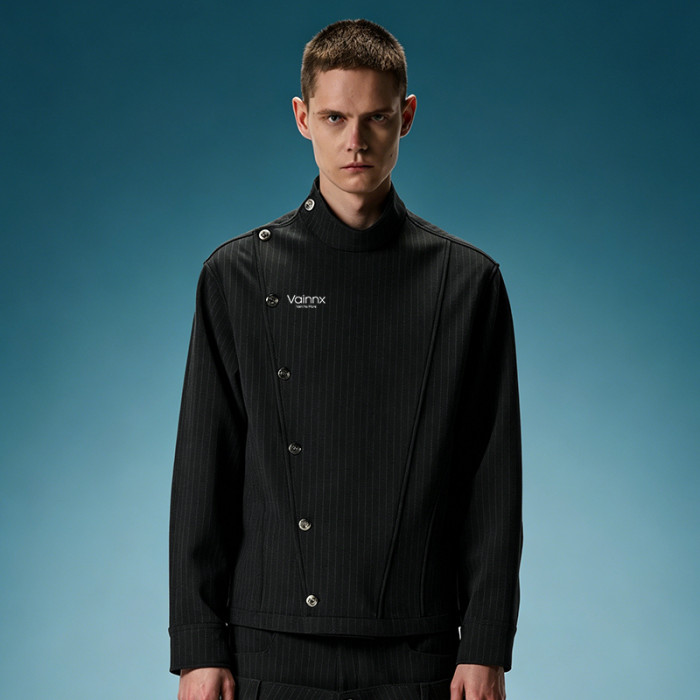 Custom Mandarin Collar Jacket | Asymmetric Diagonal Metal Button Jacket | Stand Collar Jacket