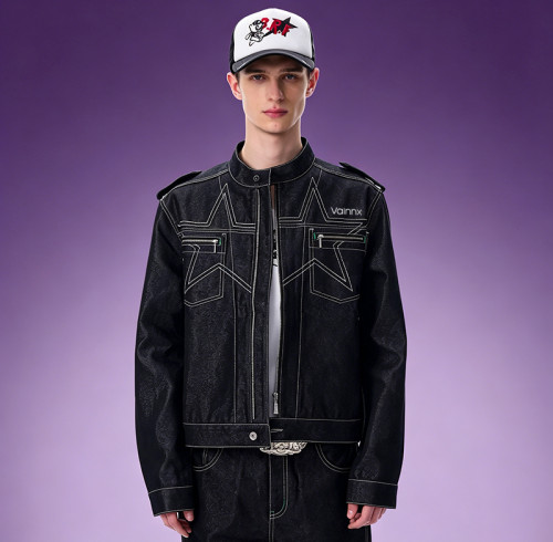 Custom Washed Vintage Denim Jacket | Streetwear Cropped Jacket | Stand Collar Men's Casual Zip Jacket