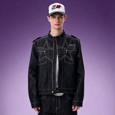 Custom Washed Vintage Denim Jacket | Streetwear Cropped Jacket | Stand Collar Men's Casual Zip Jacket
