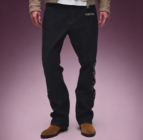 OEM ODM Custom Logo Jeans | Straight Leg Rhinestone Embroidery Pants | Designer Streetwear Jeans