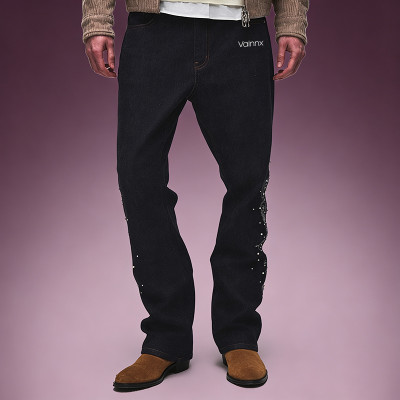 OEM ODM Custom Logo Jeans | Straight Leg Rhinestone Embroidery Pants | Designer Streetwear Jeans