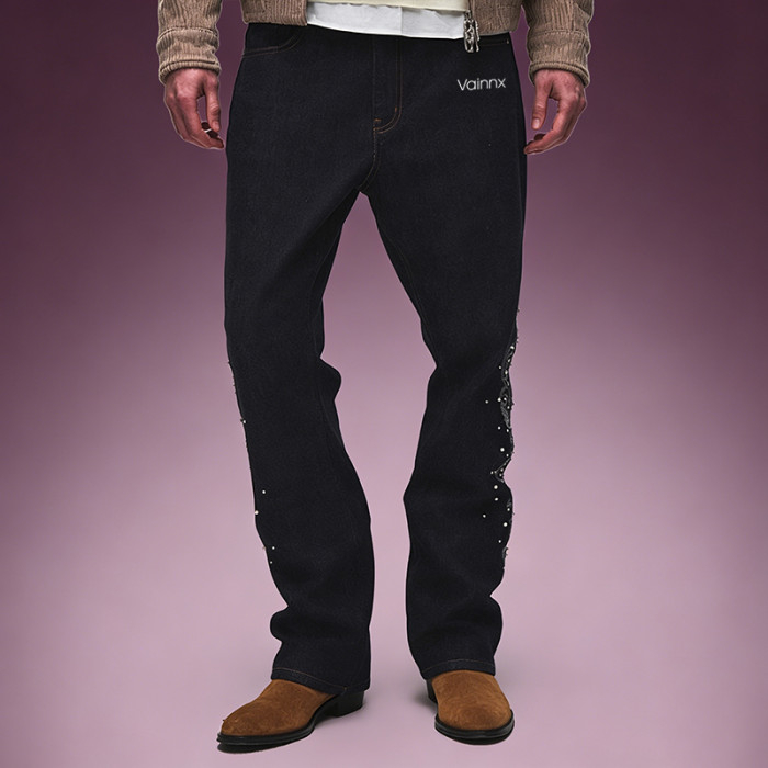 OEM ODM Custom Logo Jeans | Straight Leg Rhinestone Embroidery Pants | Designer Streetwear Jeans