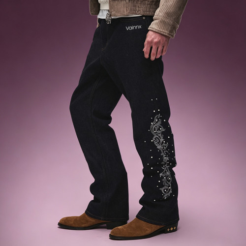 OEM ODM Custom Logo Jeans | Straight Leg Rhinestone Embroidery Pants | Designer Streetwear Jeans