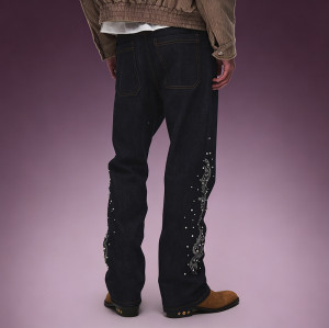 OEM ODM Custom Logo Jeans | Straight Leg Rhinestone Embroidery Pants | Designer Streetwear Jeans