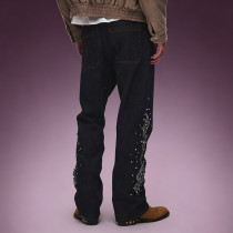 OEM ODM Custom Logo Jeans | Straight Leg Rhinestone Embroidery Pants | Designer Streetwear Jeans