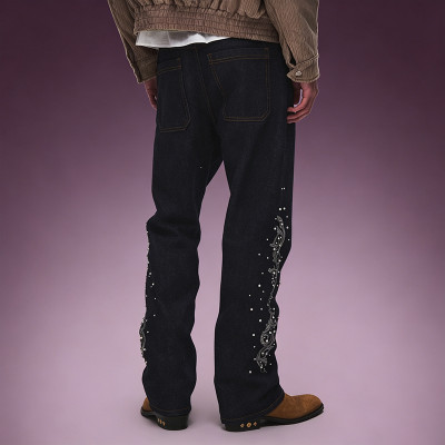 OEM ODM Custom Logo Jeans | Straight Leg Rhinestone Embroidery Pants | Designer Streetwear Jeans