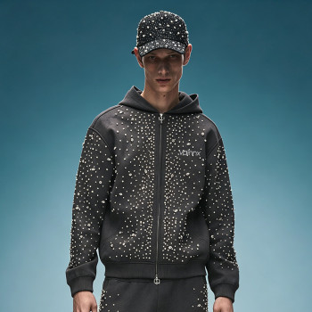 Custom Oversized Zipper Sweatshirt | Vintage Acid Wash Hoodie | Y2K Hip Hop Rhinestone Hoodie
