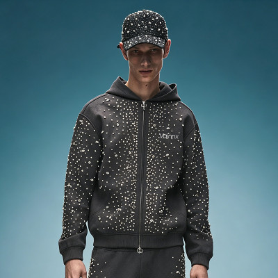 Custom Oversized Zipper Sweatshirt | Vintage Acid Wash Hoodie | Y2K Hip Hop Rhinestone Hoodie