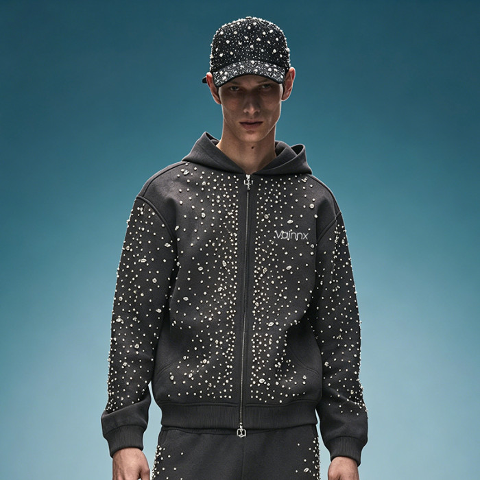 Custom Oversized Zipper Sweatshirt | Vintage Acid Wash Hoodie | Y2K Hip Hop Rhinestone Hoodie