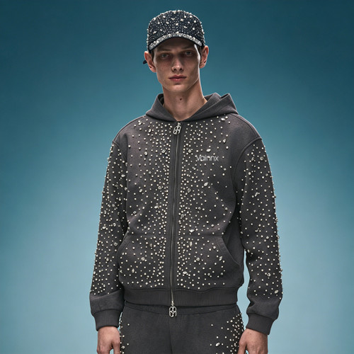 Custom Oversized Zipper Sweatshirt | Vintage Acid Wash Hoodie | Y2K Hip Hop Rhinestone Hoodie