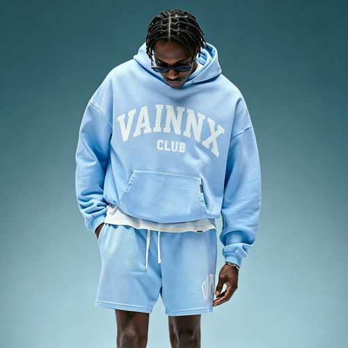 Custom Letter Logo Print Tracksuit | Oversized Hoodie Mesh Sport Short Set | Organic Cotton Sweatsuit