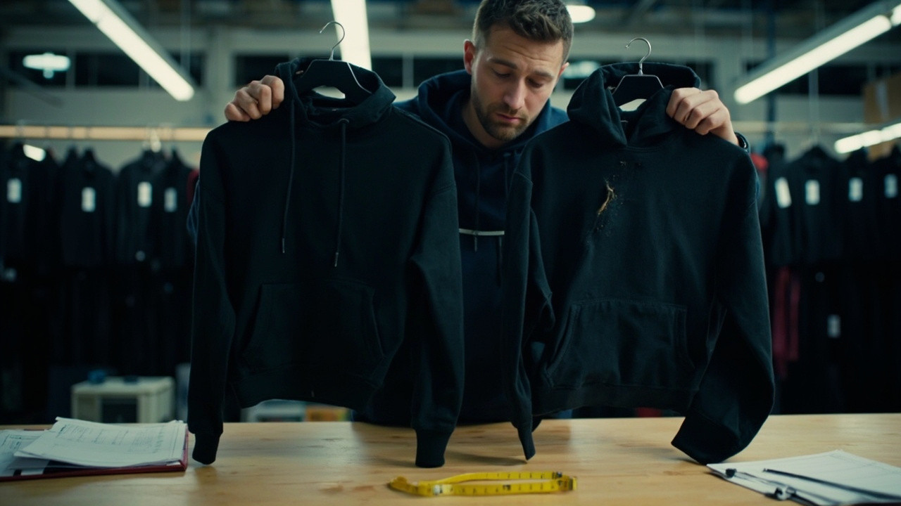 Quality control inspection showing defects in platform-sourced streetwear garments versus factory-direct quality