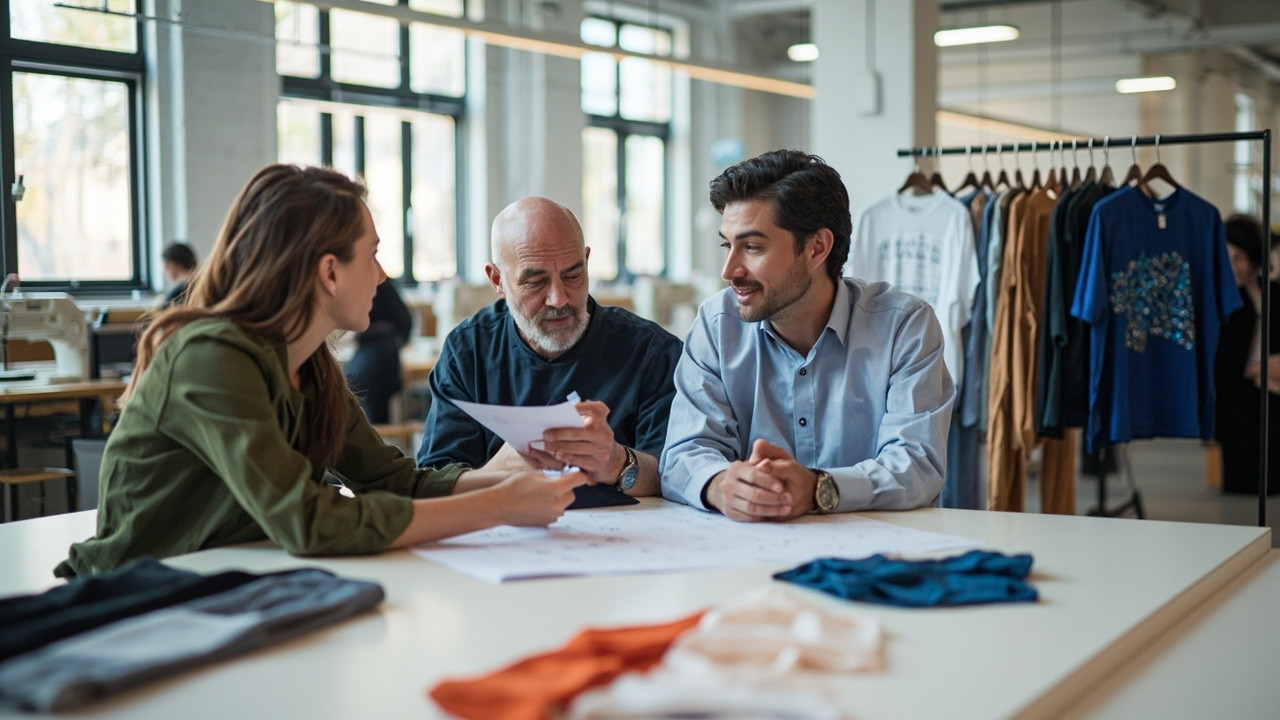 Direct OEM factory benefits - dedicated account manager collaborating with fashion brand designer on fabric samples