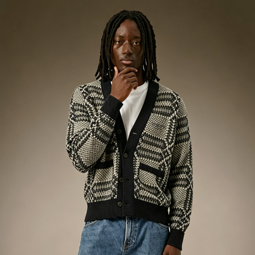 Custom V-Neck Cardigan Sweater | Streetwear Oversized Sweater Wholesale | Unisex Boxy Layering Men's Knit Jacket