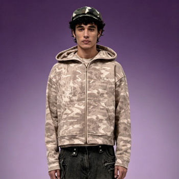 Custom Camo Pigment Print Cropped Hoodie | Y2K 300GSM Cotton Hoodie | Fleece Full Zip Hoodie Wholesale