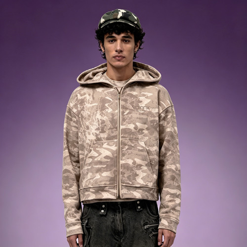 Custom Camo Pigment Print Cropped Hoodie | Y2K 300GSM Cotton Hoodie | Fleece Full Zip Hoodie Wholesale