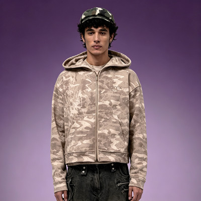Custom Camo Pigment Print Cropped Hoodie | Y2K 300GSM Cotton Hoodie | Fleece Full Zip Hoodie Wholesale