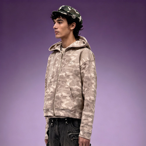 Custom Camo Pigment Print Cropped Hoodie | Y2K 300GSM Cotton Hoodie | Fleece Full Zip Hoodie Wholesale