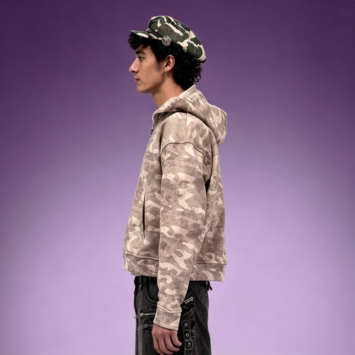 Custom Camo Pigment Print Cropped Hoodie | Y2K 300GSM Cotton Hoodie | Fleece Full Zip Hoodie Wholesale