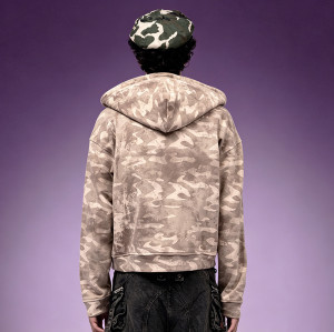 Custom Camo Pigment Print Cropped Hoodie | Y2K 300GSM Cotton Hoodie | Fleece Full Zip Hoodie Wholesale