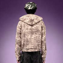 Custom Camo Pigment Print Cropped Hoodie | Y2K 300GSM Cotton Hoodie | Fleece Full Zip Hoodie Wholesale