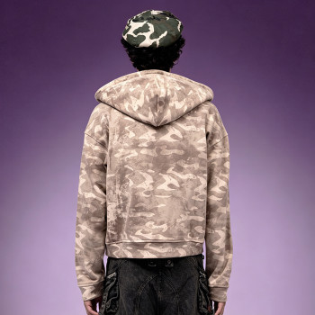 Custom Camo Pigment Print Cropped Hoodie | Y2K 300GSM Cotton Hoodie | Fleece Full Zip Hoodie Wholesale