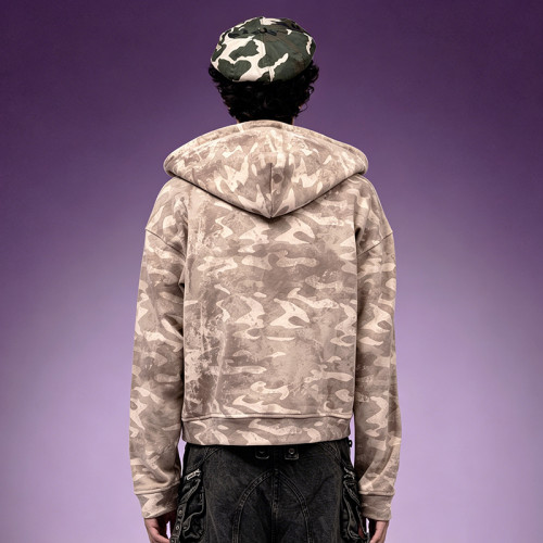 Custom Camo Pigment Print Cropped Hoodie | Y2K 300GSM Cotton Hoodie | Fleece Full Zip Hoodie Wholesale