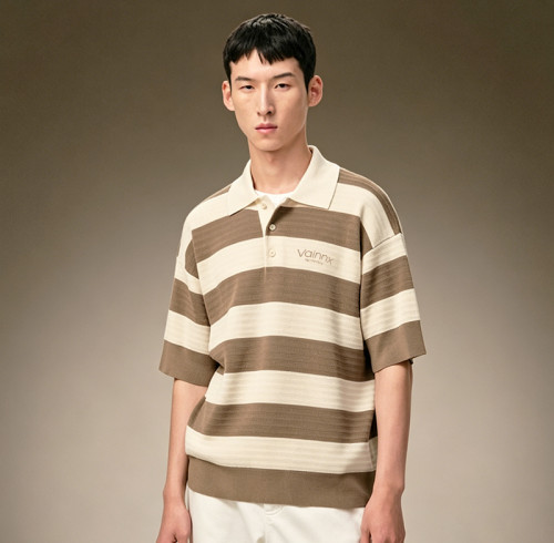 Custom Loose Fit T-Shirt | Men's Oversized Striped Knit Polo Tee | Short Sleeve Casual Streetwear Polo