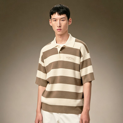 Custom Loose Fit T-Shirt | Men's Oversized Striped Knit Polo Tee | Short Sleeve Casual Streetwear Polo