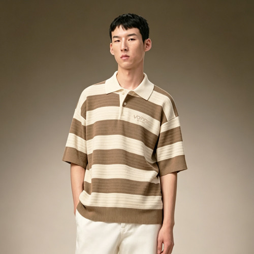 Custom Loose Fit T-Shirt | Men's Oversized Striped Knit Polo Tee | Short Sleeve Casual Streetwear Polo
