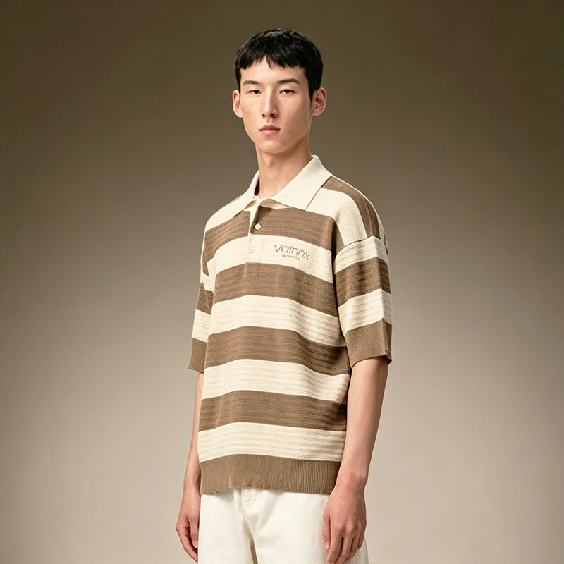 Brown and beige striped knit shirt