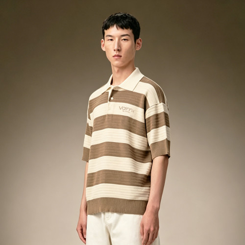 Custom Loose Fit T-Shirt | Men's Oversized Striped Knit Polo Tee | Short Sleeve Casual Streetwear Polo
